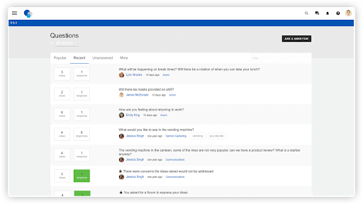 Q&A function on intranet, with employees asking questions on various topics