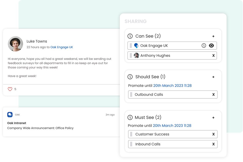 a timeline post on Oak Engage’s AI news platform and a push notification alongside permissions