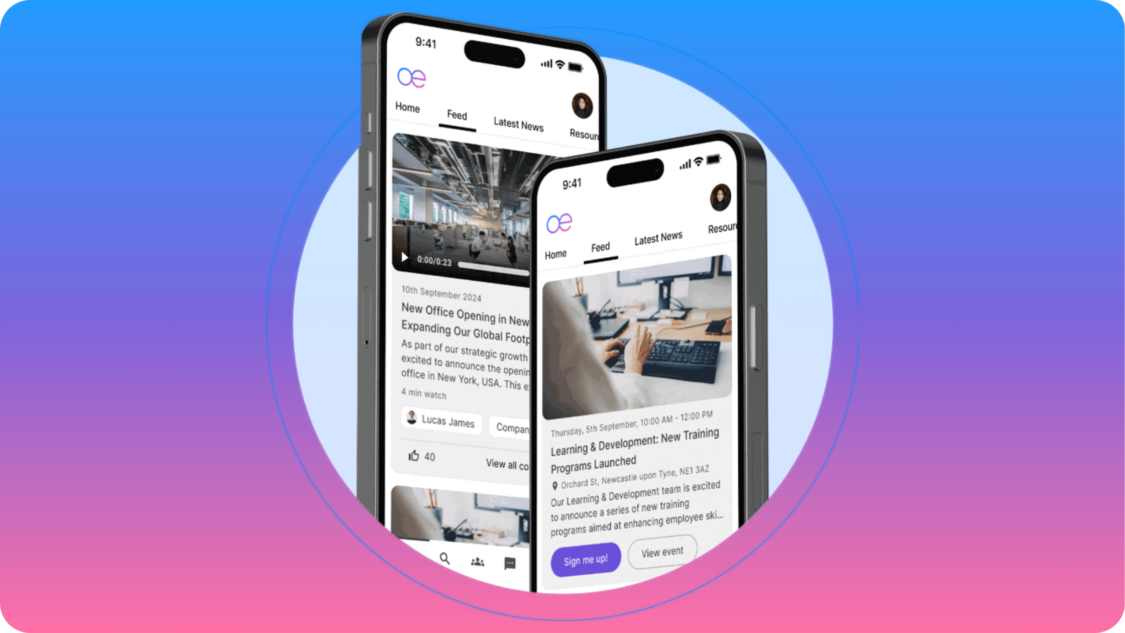 Two smartphones displaying Oak Engage app with news and training updates on a gradient blue and pink background.