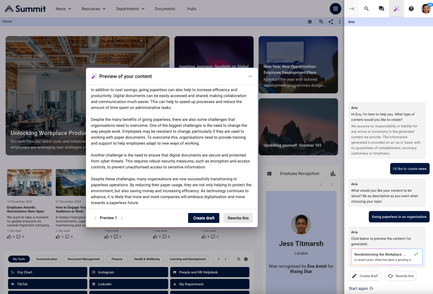 Preview window on digital workplace platform Oak Engage showing a piece of  AI generated content