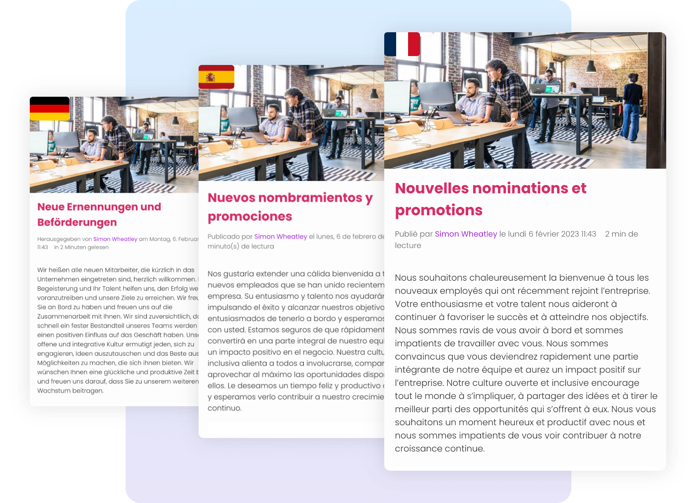 Three cards show the same workplace update in German, Spanish, and French with a modern office image