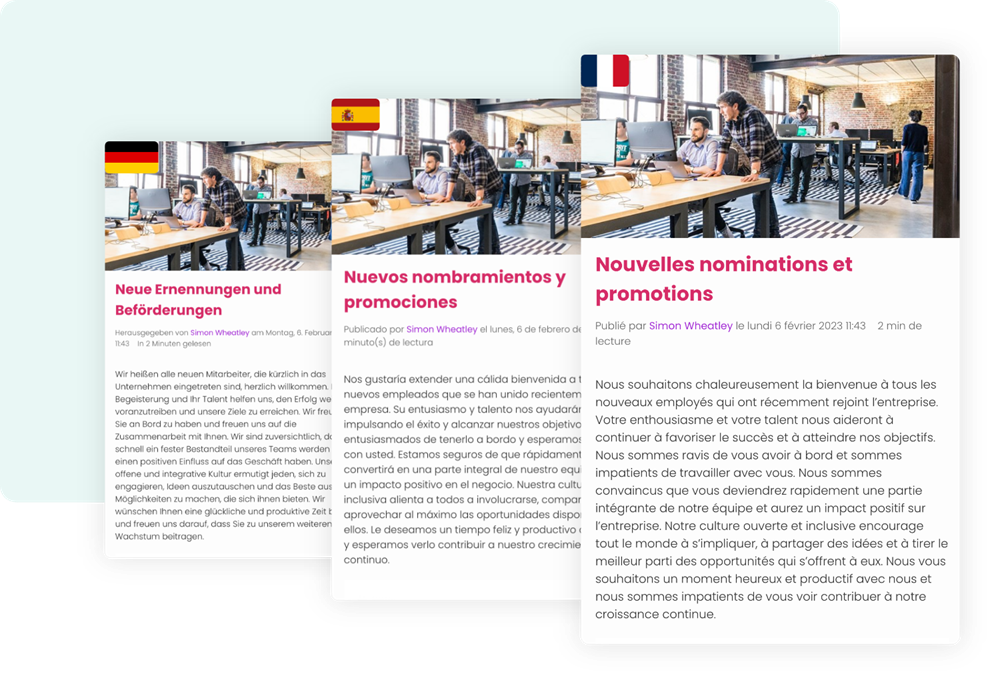 Image shows content translated into German, Spanish & French