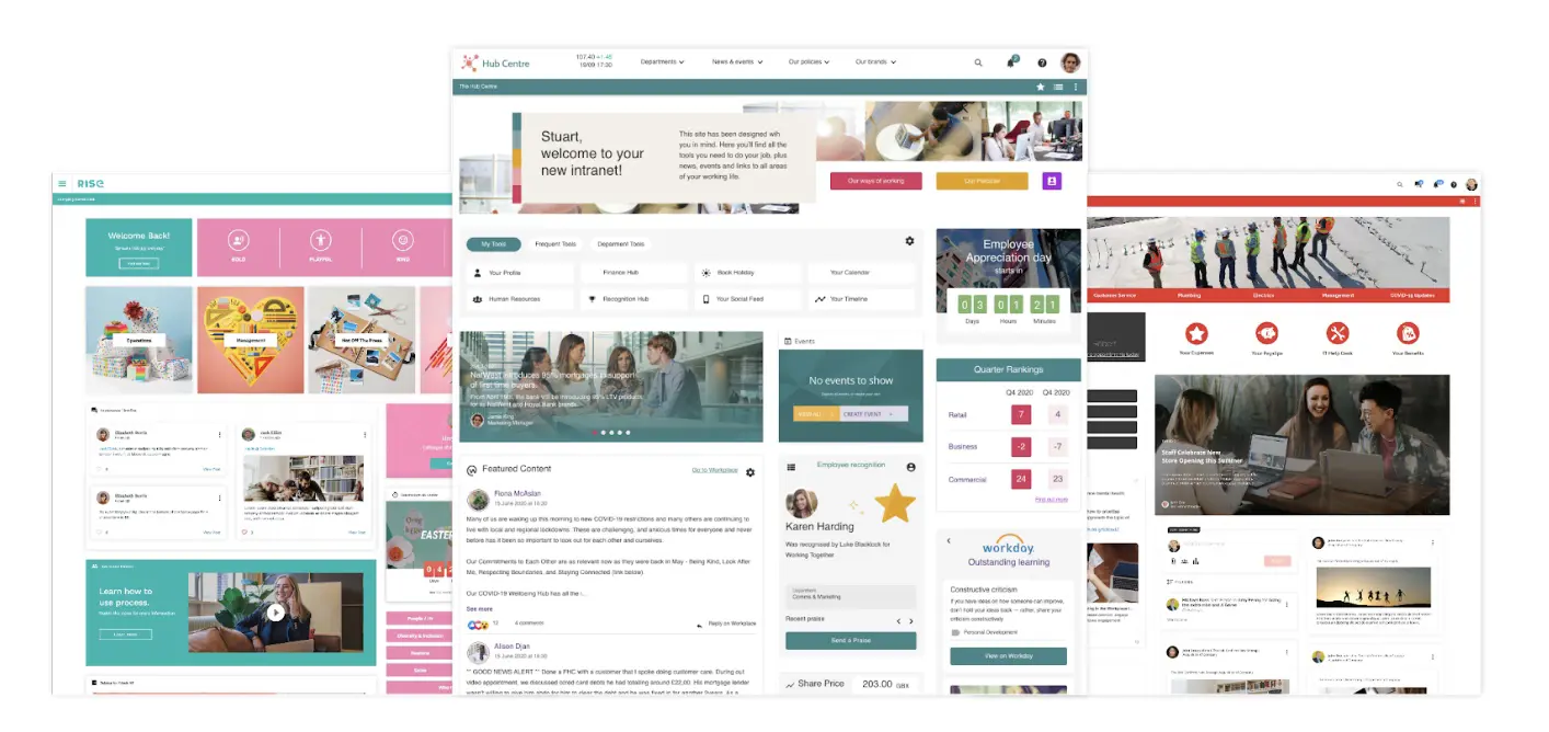 Image shows intranet homepages with social timelines