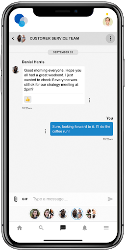 A mobile phone shows a Customer Service Team group chat