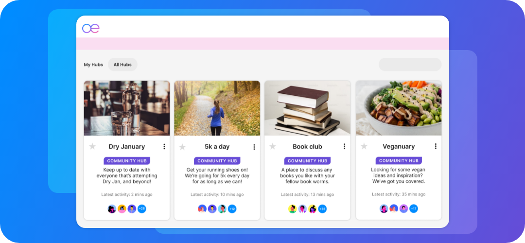 Community hubs dashboard showing Dry January, 5k a day, Book club and Veganuary with latest activity updates.