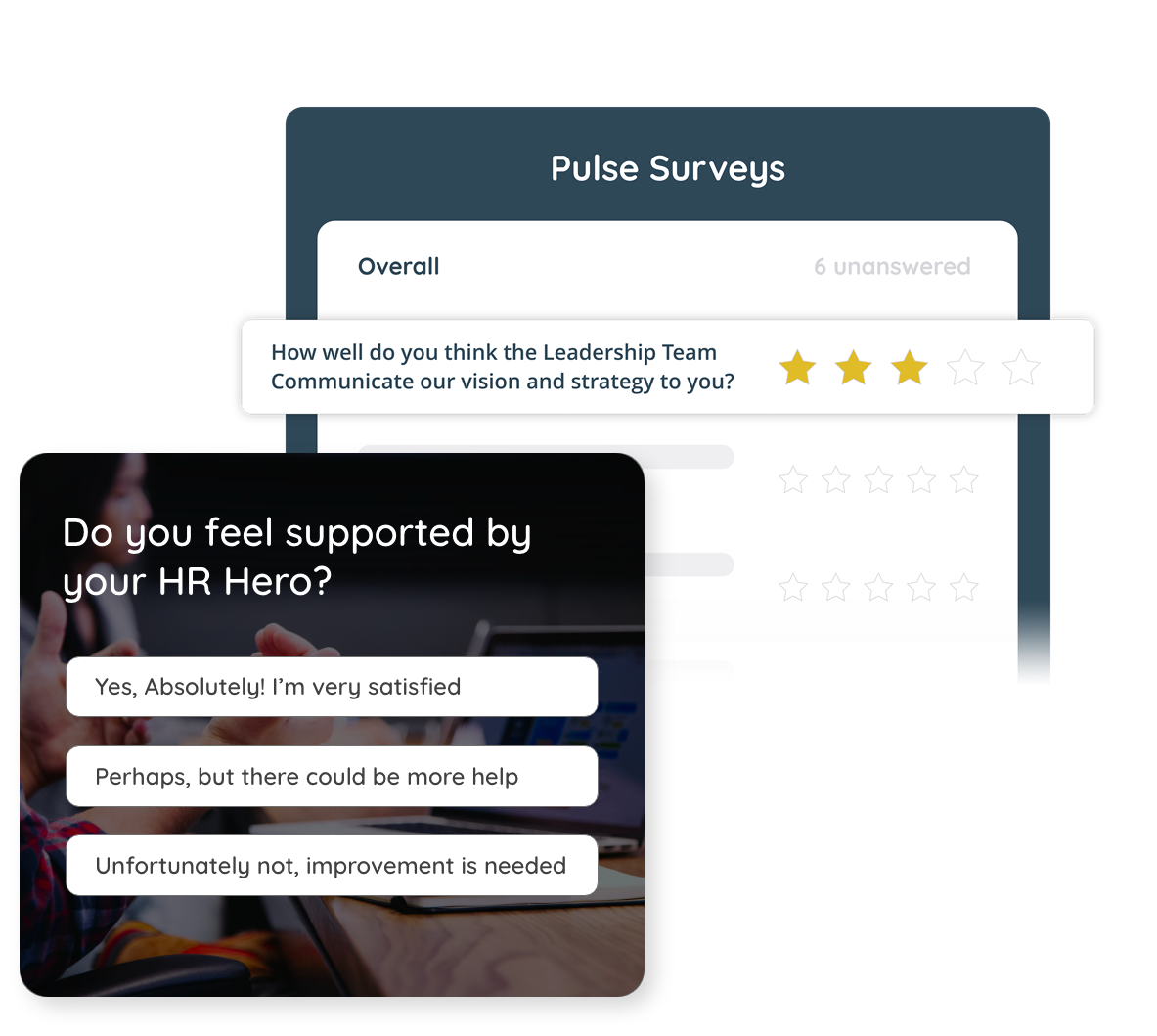 Survey questions ask to rate and the communication by leadership team and if they feel supported by HR