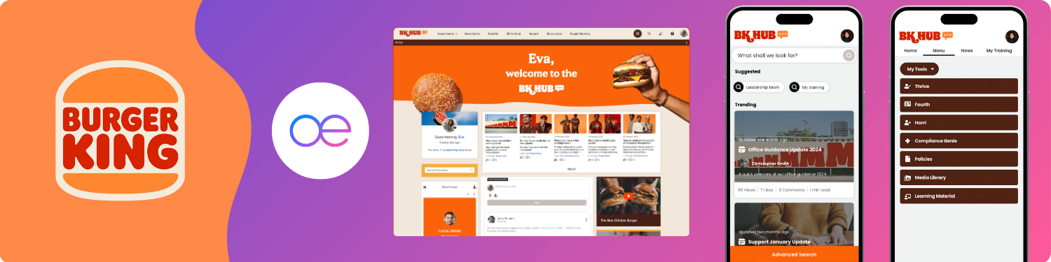 Burger King UK logo, Oak Engage logo and screenshots of the mobile and desktop version of BK hub