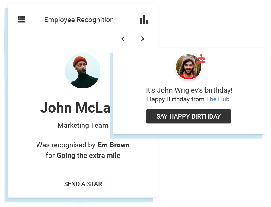 Oak Engage's employee recognition software shown on mobile screen with example praise for work colleagues